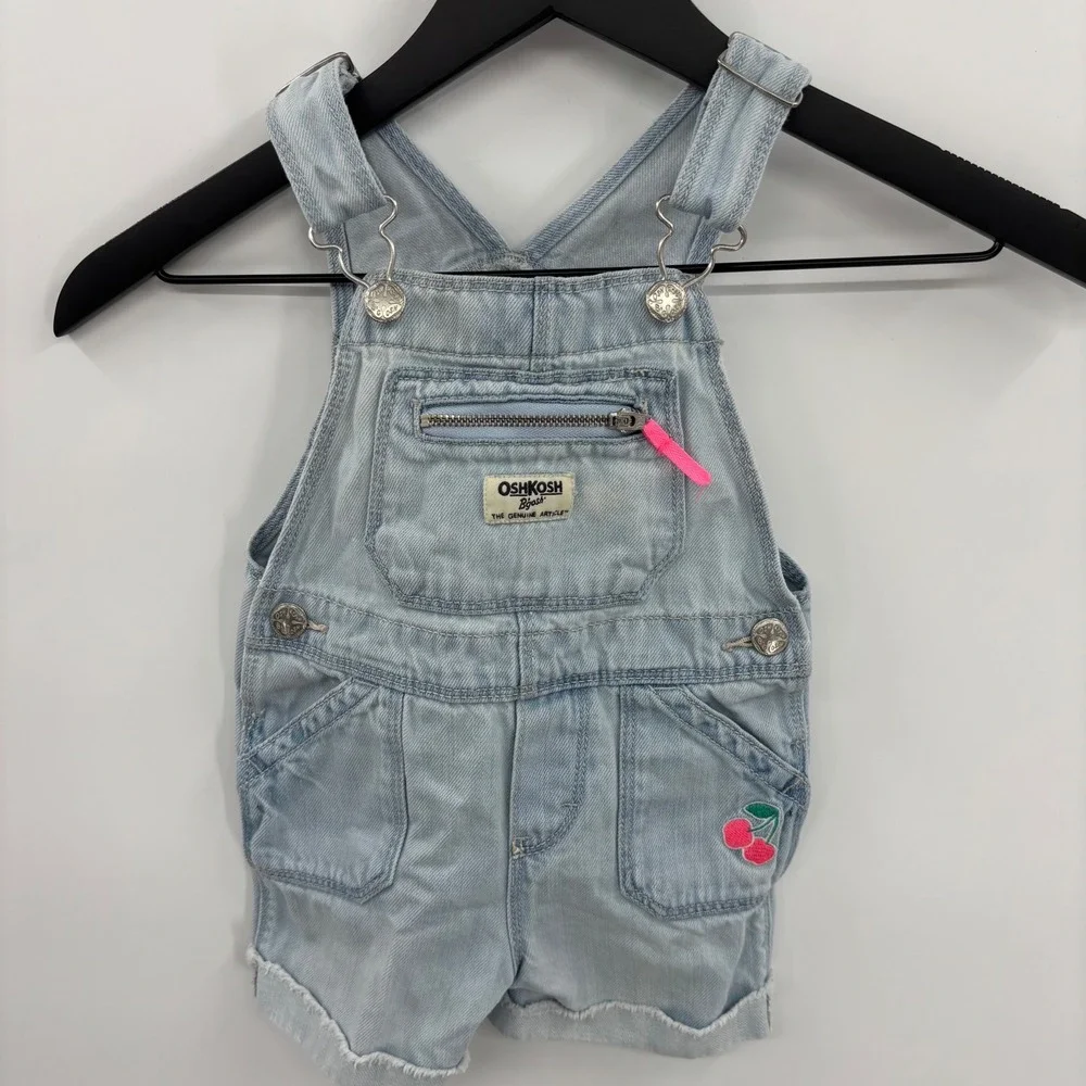 OshKosh Bgosh Kids 2T Light‎ Wash Denim Cherry Shortalls Overalls GCL15232-SML